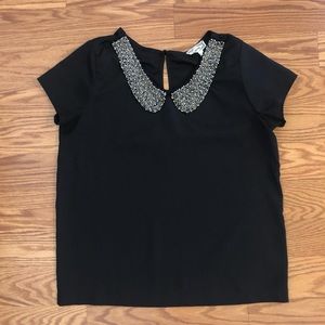 Kirra black blouse with silver beaded Peter Pan collar, size small